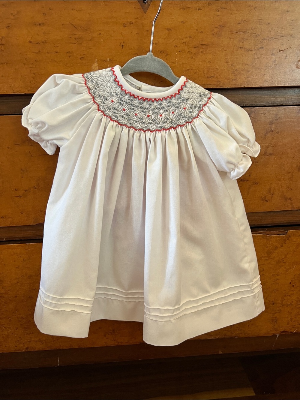 Luli & Me Smocked Baby Dress with Red & Gray Embroidery